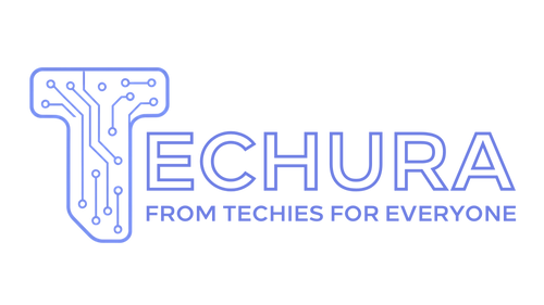 Logo of Techura with a blue circuit design on a green background